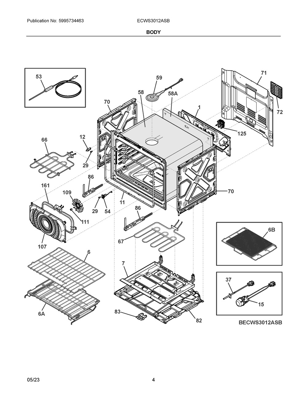 Body Diagram and Parts List for ECWS3012ASB  Frigidaire Wall Oven