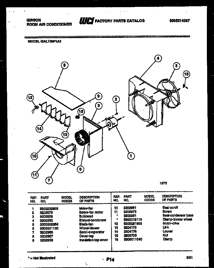 AIR HANDLING PARTS Diagram and Parts List for GAL108P1A1  Gibson Air Conditioner