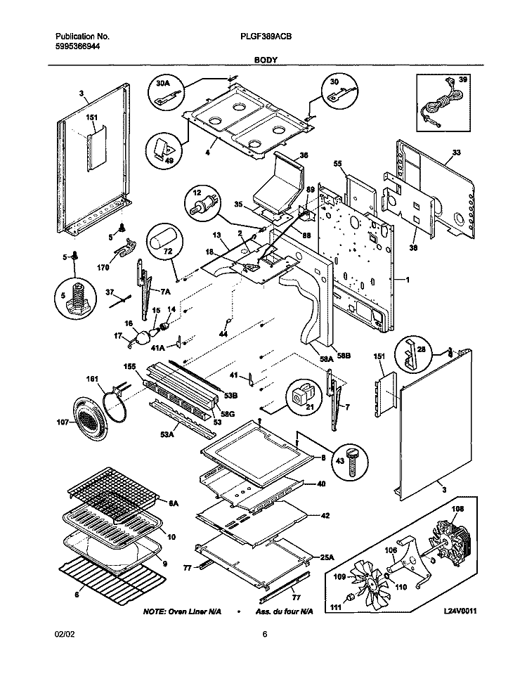 BODY Diagram and Parts List for PLGF389ACB  Frigidaire Range