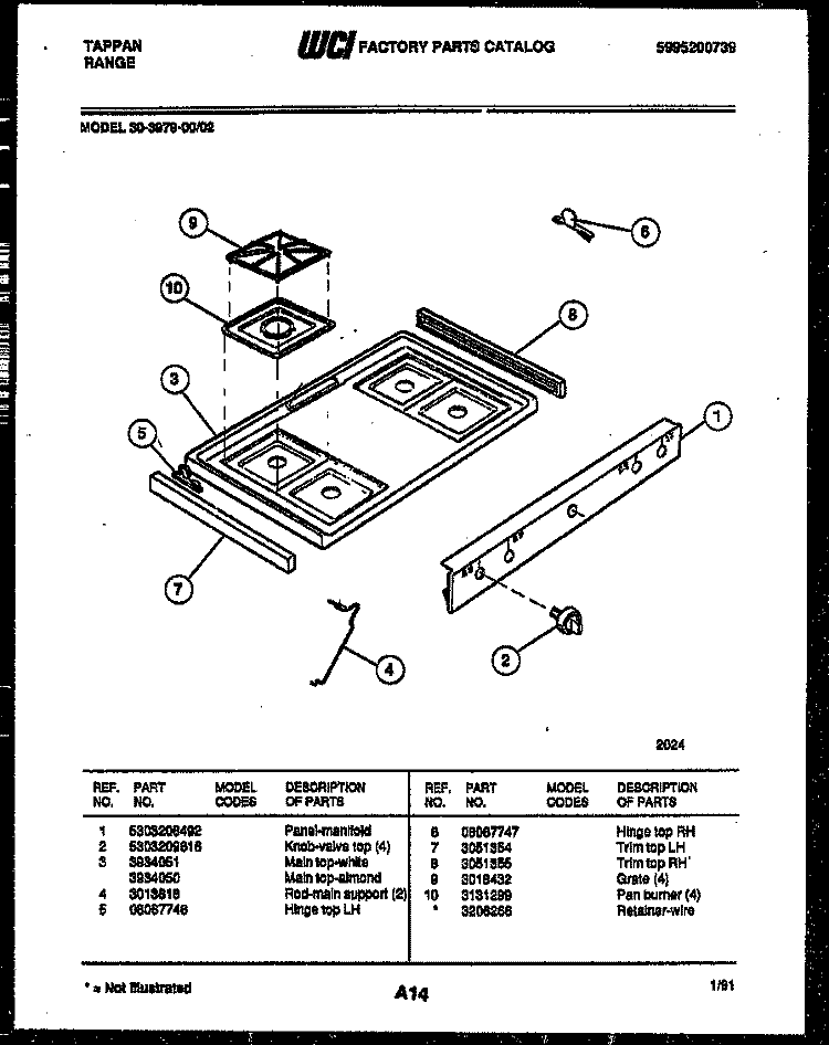 COOKTOP PARTS Diagram and Parts List for 30-3979-00-02  Tappan Range