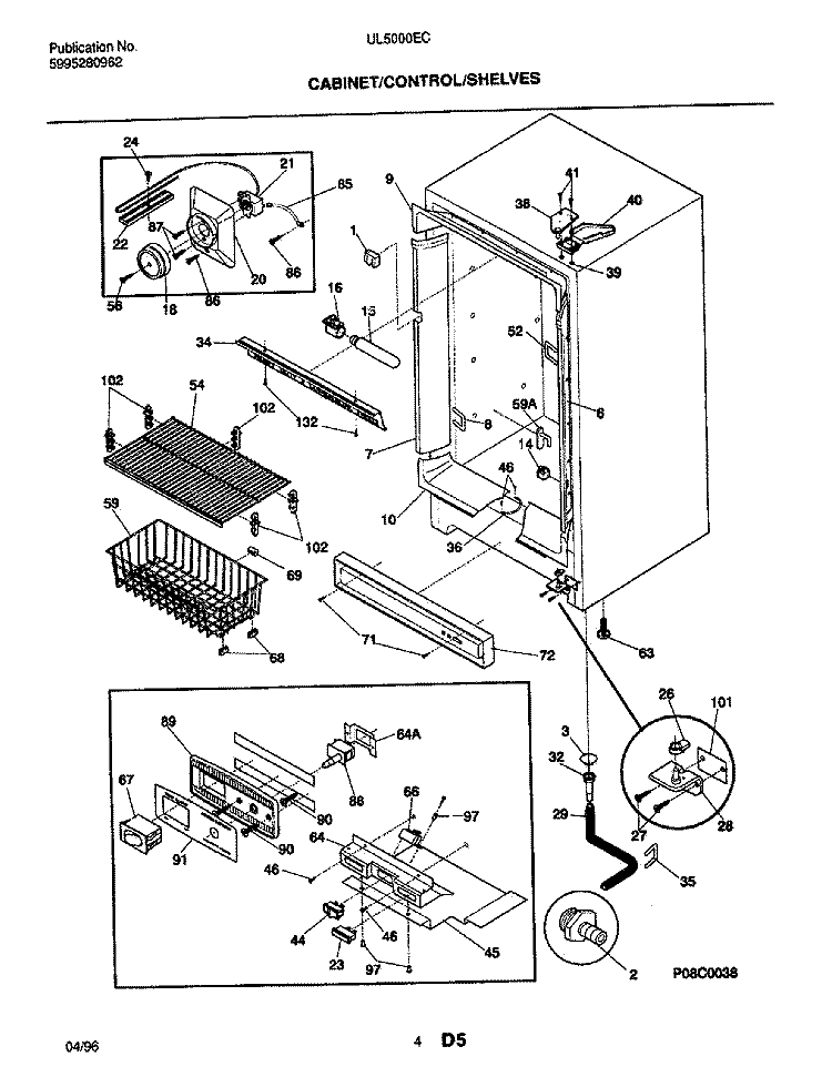 CABINET / CONTROL / SHELVES Diagram and Parts List for UL5000ECW2  Frigidaire Freezer