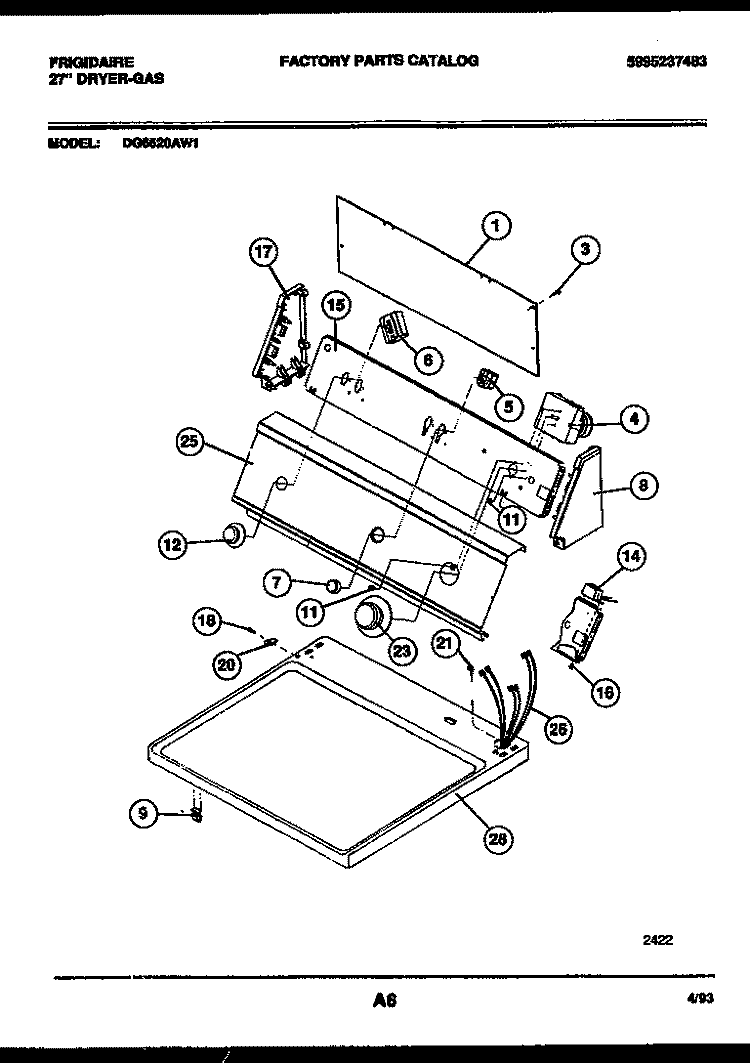 CONSOLE AND CONTROL PARTS Diagram and Parts List for DG6520AW1  Frigidaire Dryer