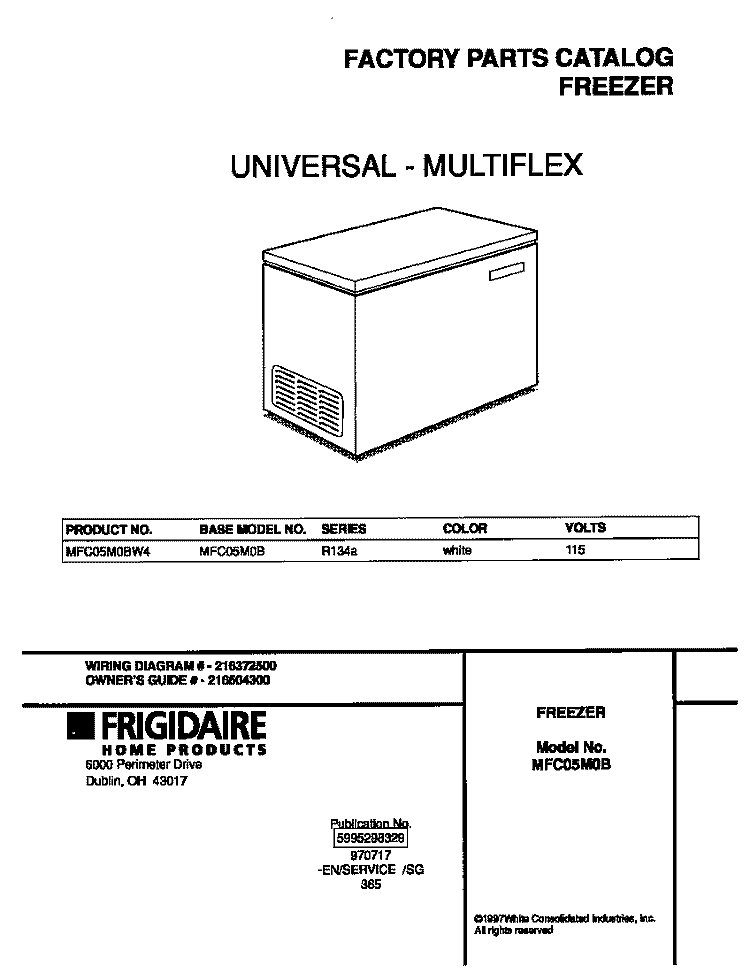 COVER Diagram and Parts List for MFC05M0BW4  Frigidaire Freezer