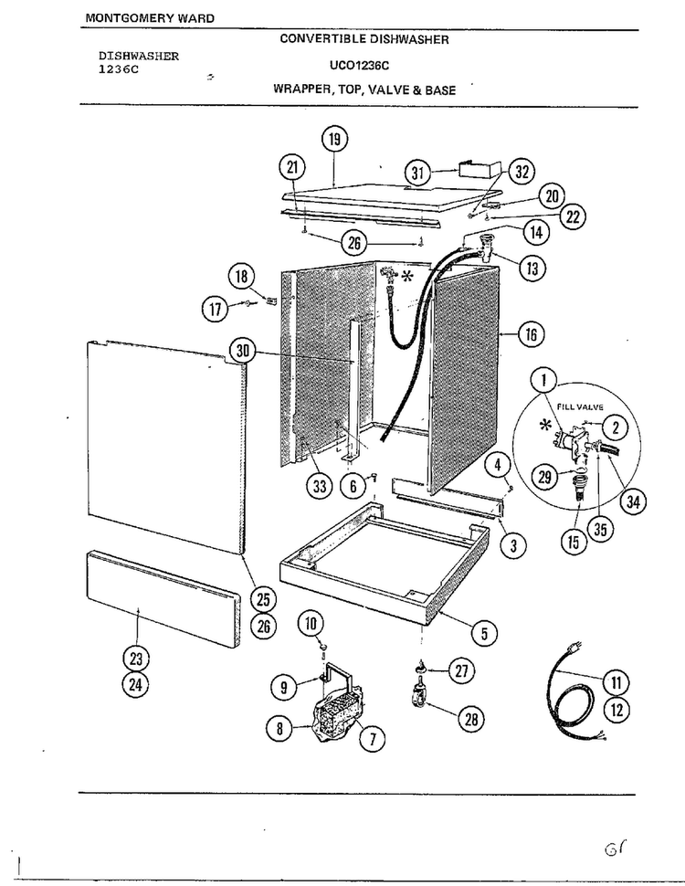 Wrapper, Top, Valve & Base Diagram and Parts List for 1236C  Frigidaire Dishwasher