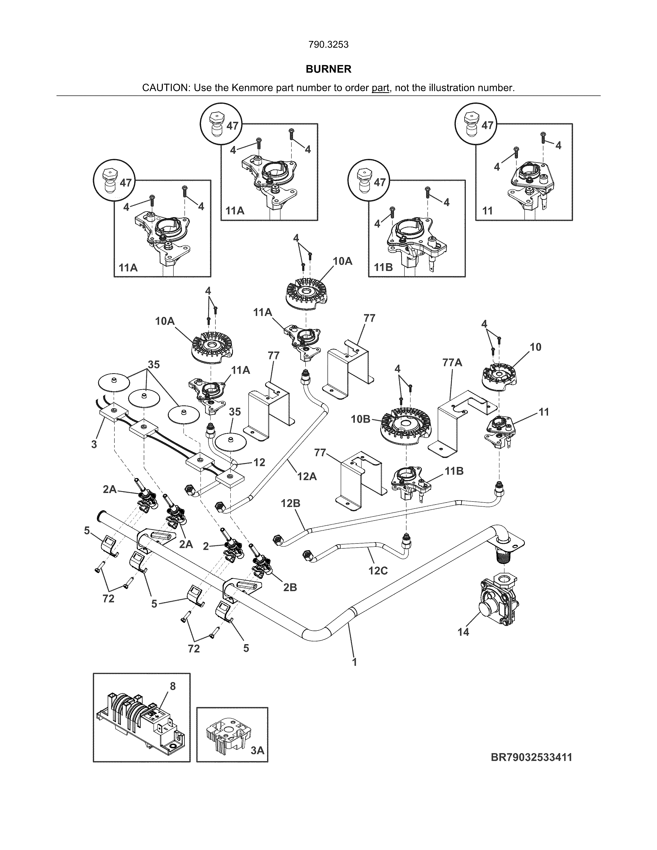 Burners Diagram and Parts List for 79032533411  Kenmore Cooktop