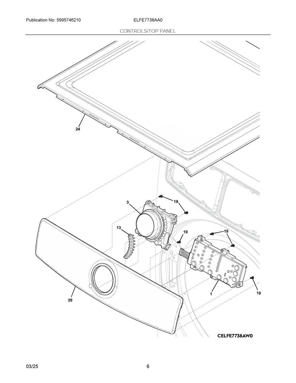 Controls/Top Panel Diagram and Parts List for ELFE7738AA0  Frigidaire Dryer