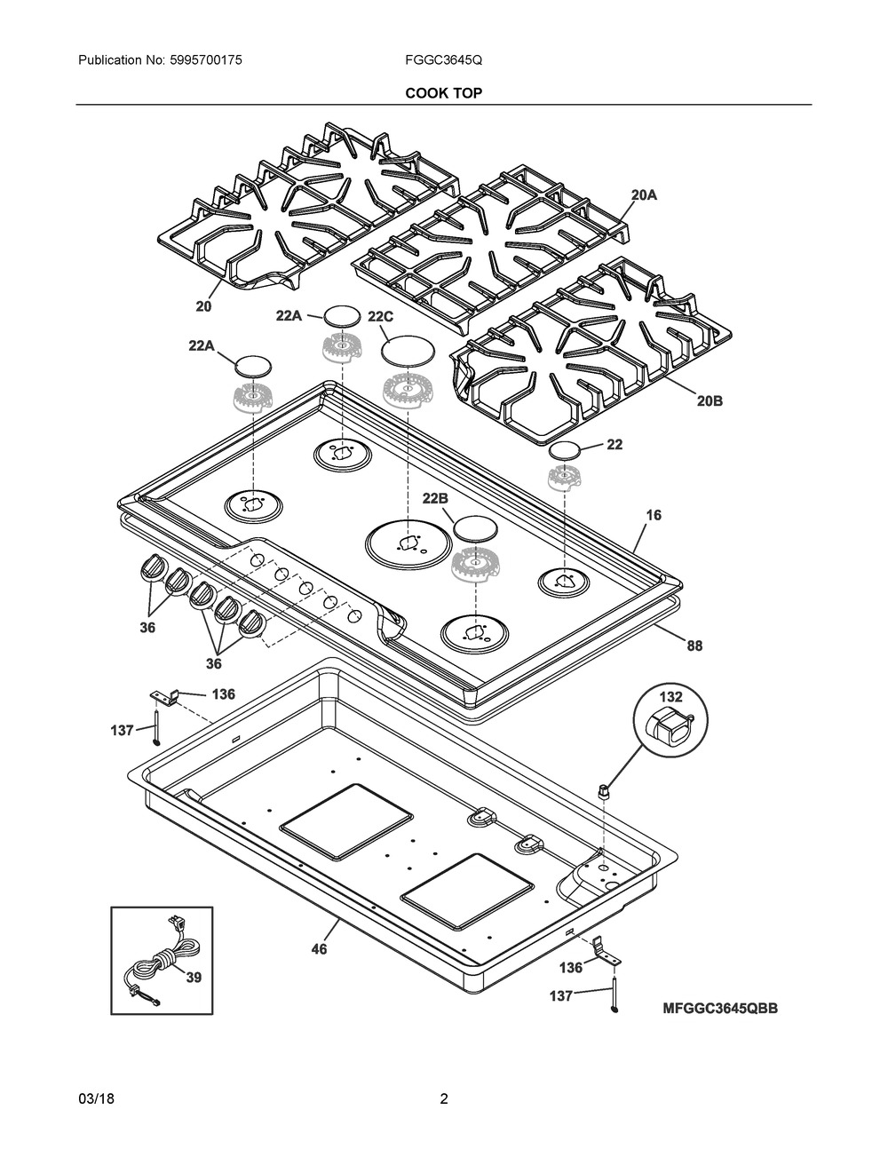 Cook Top Diagram and Parts List for FGGC3645QSC  Frigidaire Cooktop
