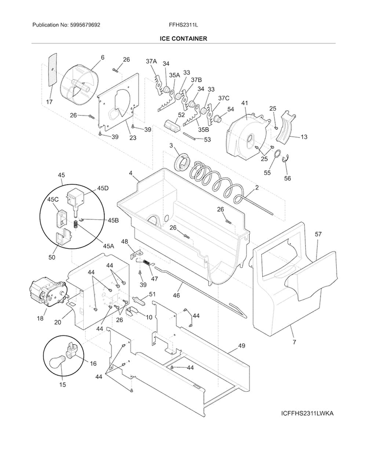 Ice Container Diagram and Parts List for FFHS2311LBQA  Frigidaire Refrigerator