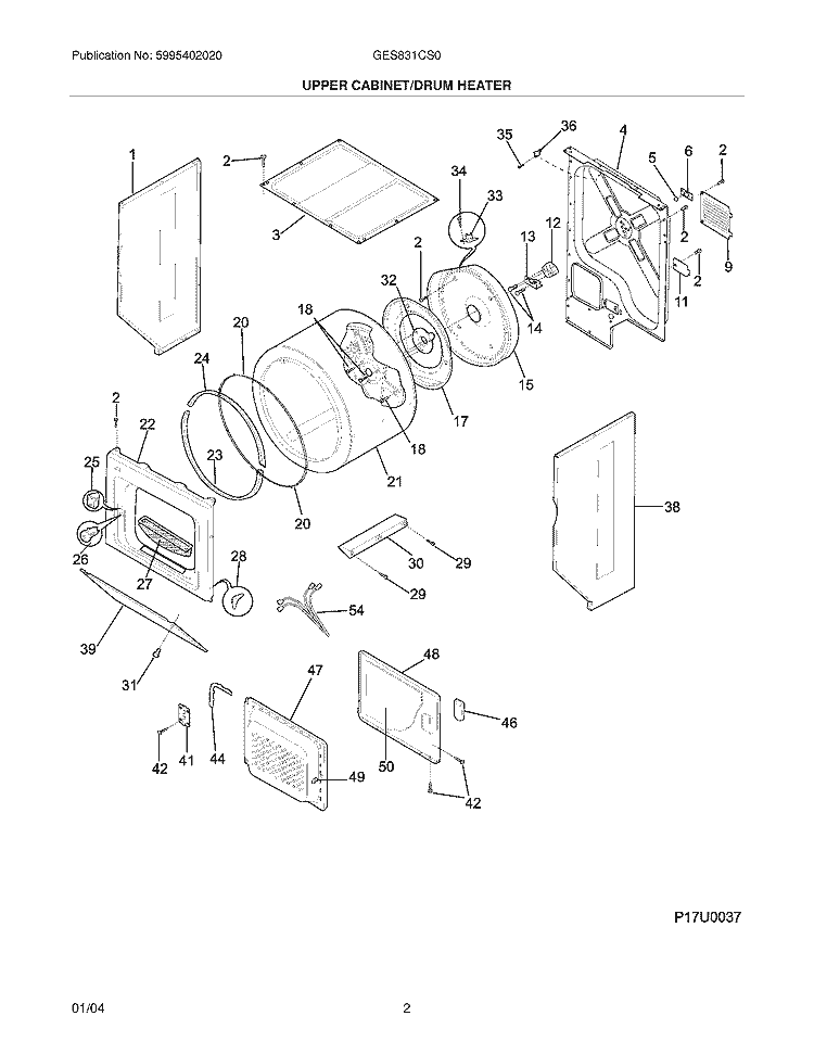 UPPER CABINET / DRUM HEATER Diagram and Parts List for GES831CS0  Gibson Washer Dryer Combo