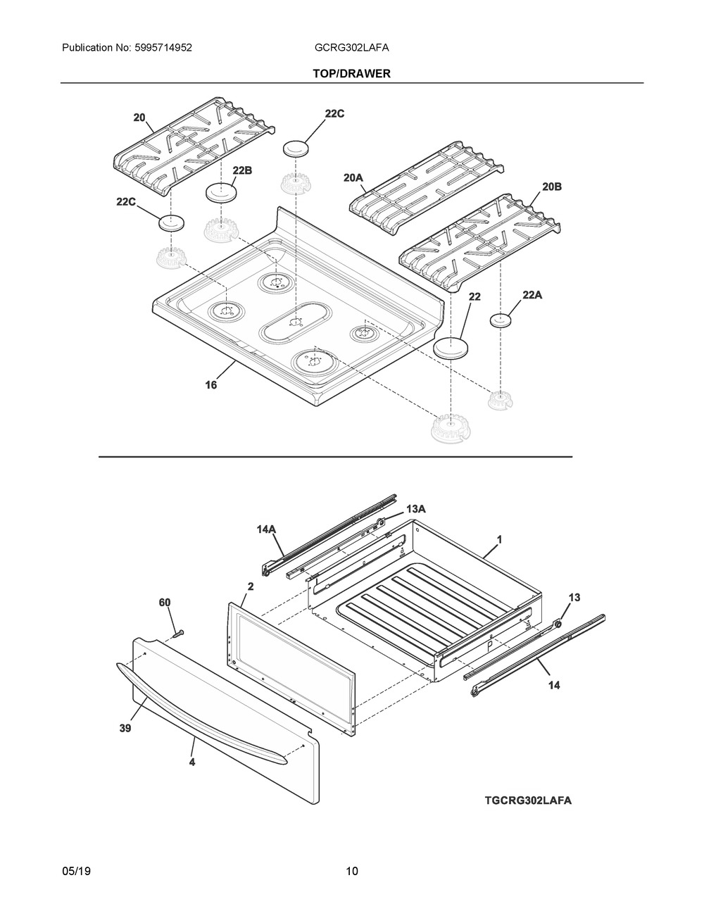 Top/drawer Diagram and Parts List for GCRG302LAFA  Frigidaire Range