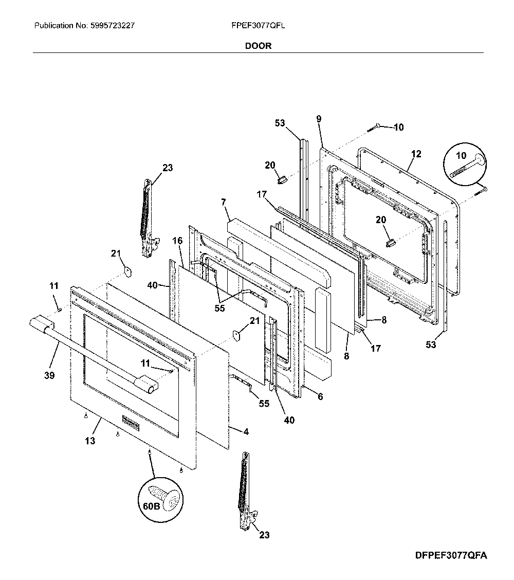 Door Diagram and Parts List for FPEF3077QFL  Frigidaire Range