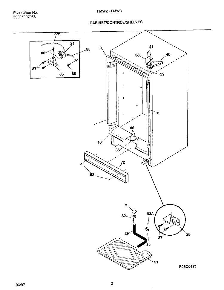 CABINET / CONTROL / SHELVES Diagram and Parts List for FMW2  Kelvinator Refrigerator