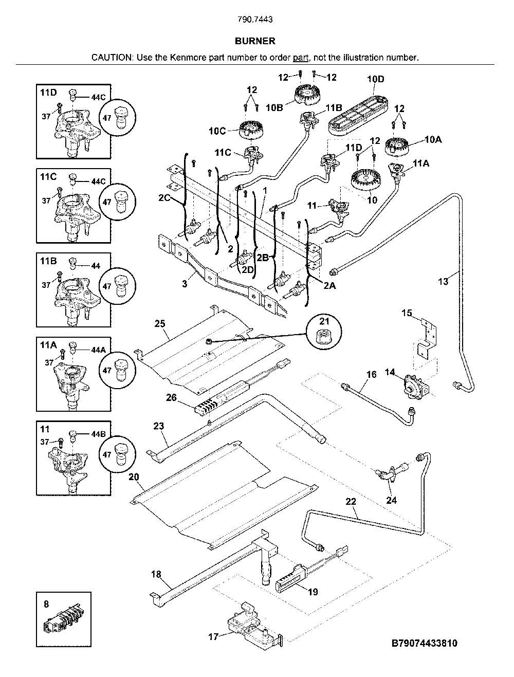 Burner Diagram and Parts List for 79074432810  Kenmore Range