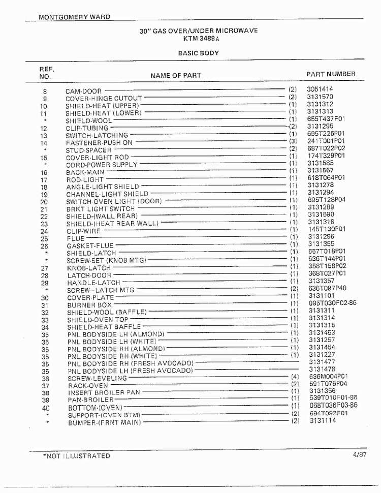 30" Gas Over/under Basic Body Page 2 Diagram and Parts List for 3488A  Frigidaire Range