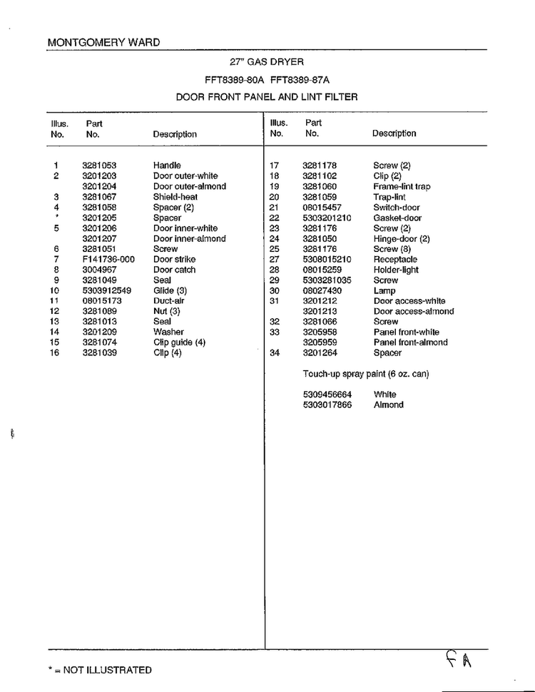 Door Front Panel And Lint Filter Page 2 Diagram and Parts List for 8389-80A  Frigidaire Dryer