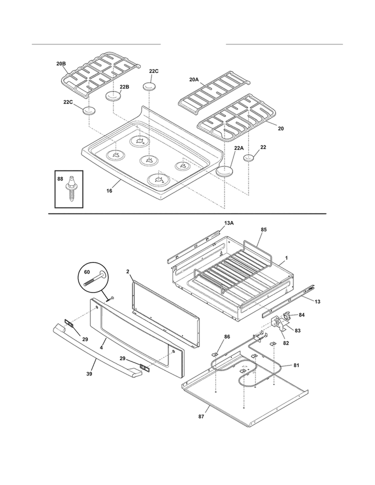 Top/drawer Diagram and Parts List for EI30GF55GSJ  Electrolux Range