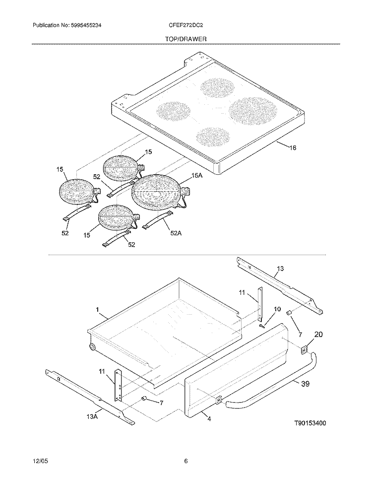 TOP / DRAWER Diagram and Parts List for CFEF272DC2  Frigidaire Range
