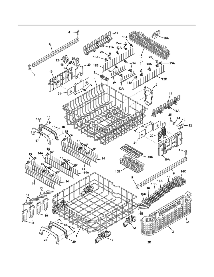 Racks Diagram and Parts List for EIDW6405HT1B  Electrolux Dishwasher