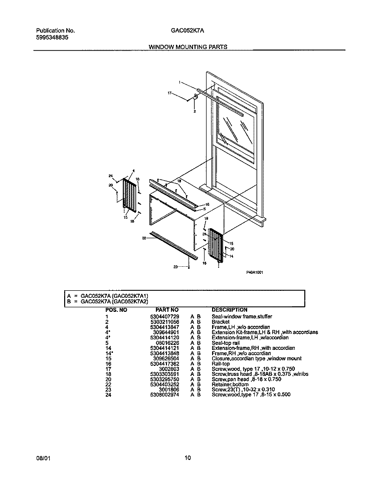 WINDOW MOUNTING PARTS Diagram and Parts List for GAC052K7A2  Gibson Air Conditioner