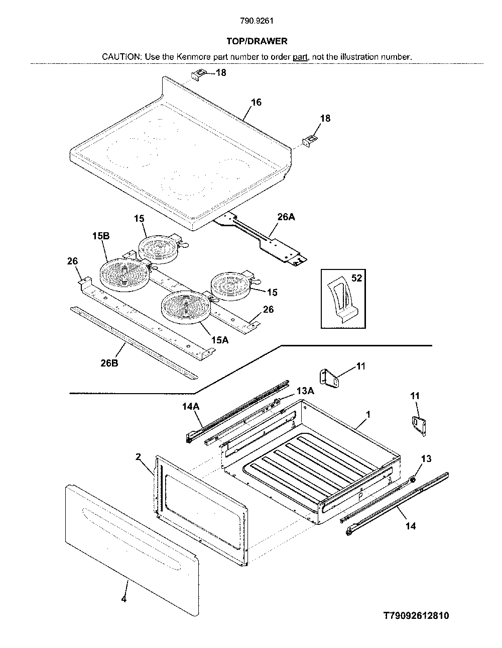 Top/drawer Diagram and Parts List for 79092619810  Kenmore Range