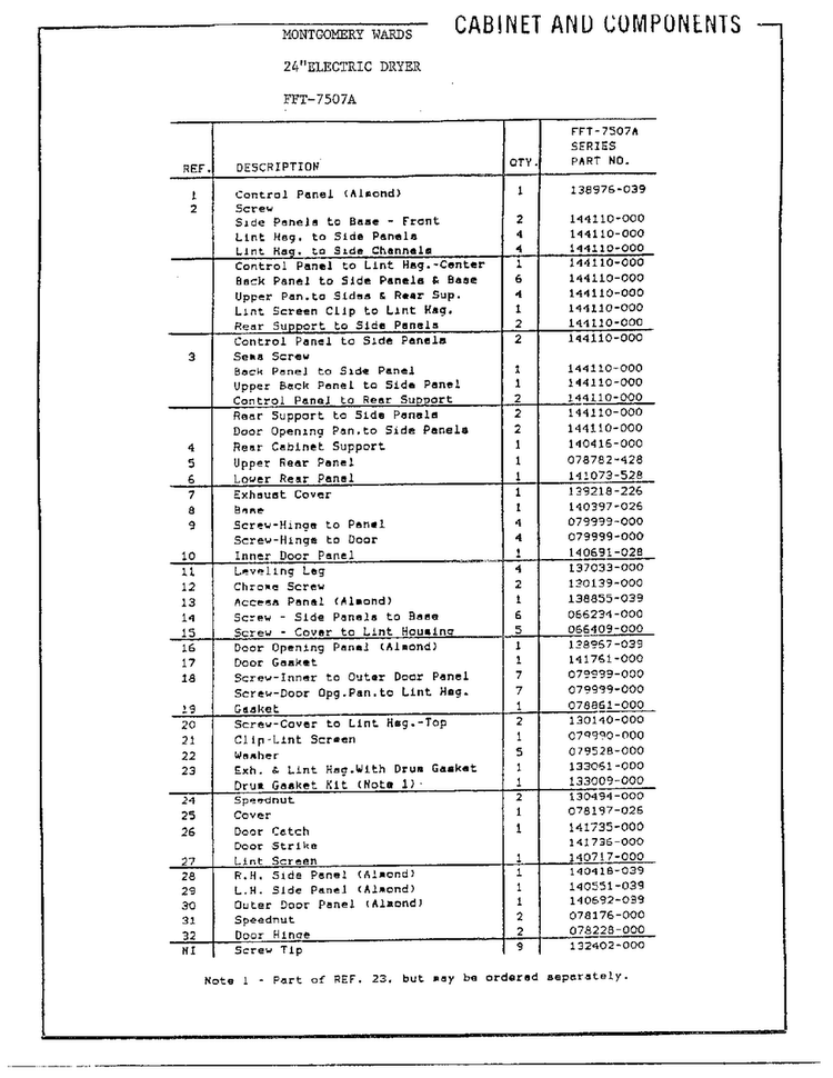 Cabinet And Components Page 2 Diagram and Parts List for 7507A  Frigidaire Dryer