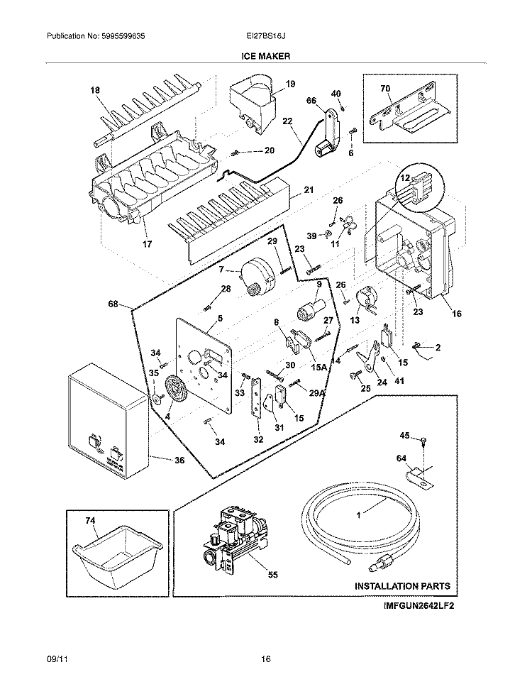 ICE CONTAINER Diagram and Parts List for EI27BS16JS3  Electrolux Refrigerator