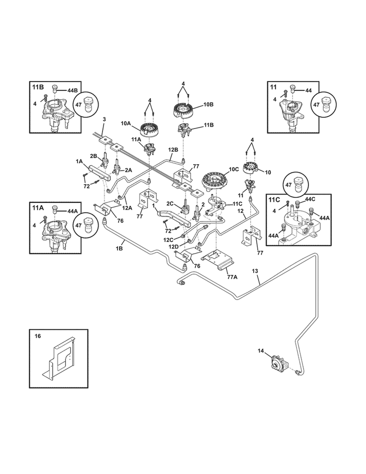 Burner Diagram and Parts List for CPDS3085KF7  Frigidaire Range