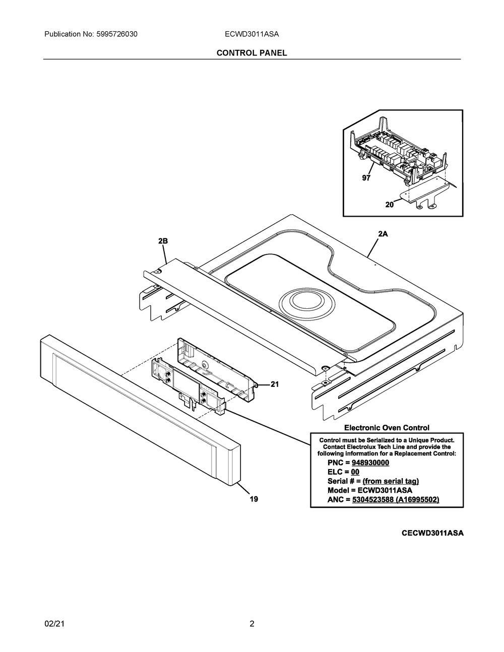 Control Panel Diagram and Parts List for ECWD3011ASA  Frigidaire Wall Oven