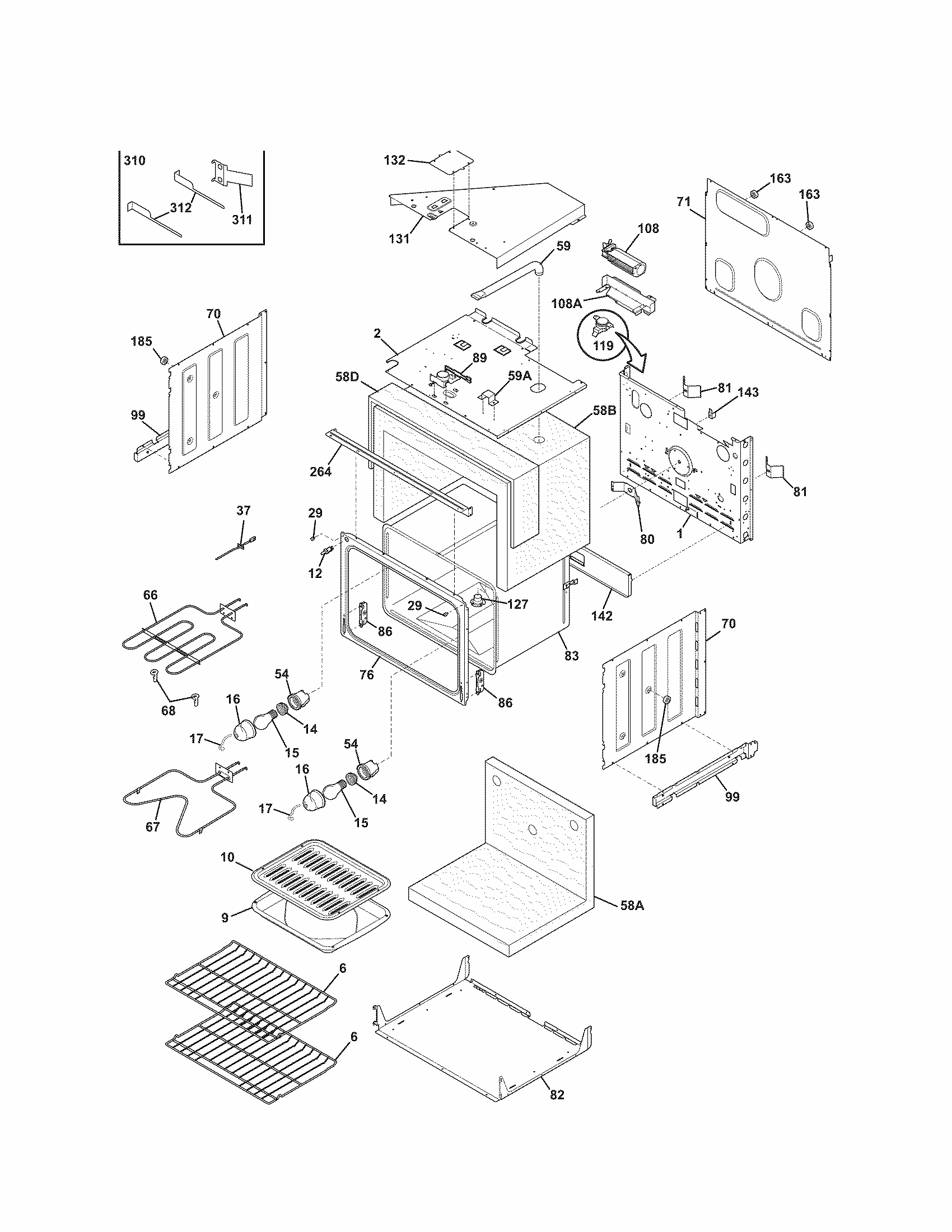 Upper Oven Diagram and Parts List for 79047762406  Kenmore Wall Oven