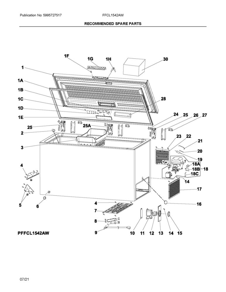 Recommended Spare Parts Diagram and Parts List for FFCL1542AW  Frigidaire Freezer