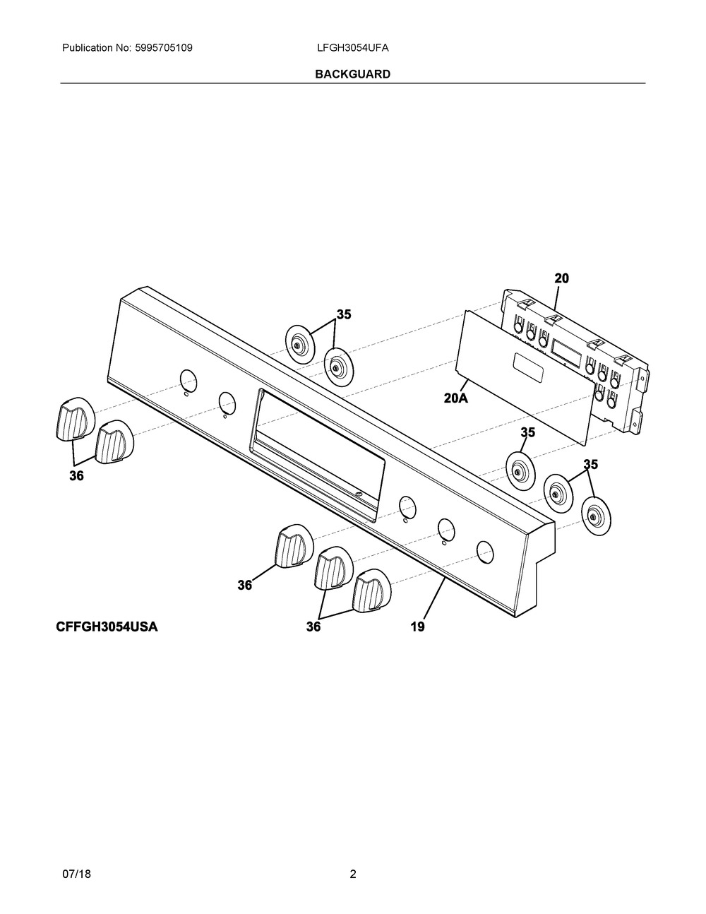 Backguard Diagram and Parts List for LFGH3054UFA  Frigidaire Range