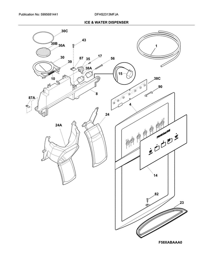 Ice & Water Dispenser Diagram and Parts List for DFHS2313MFJA  Frigidaire Refrigerator