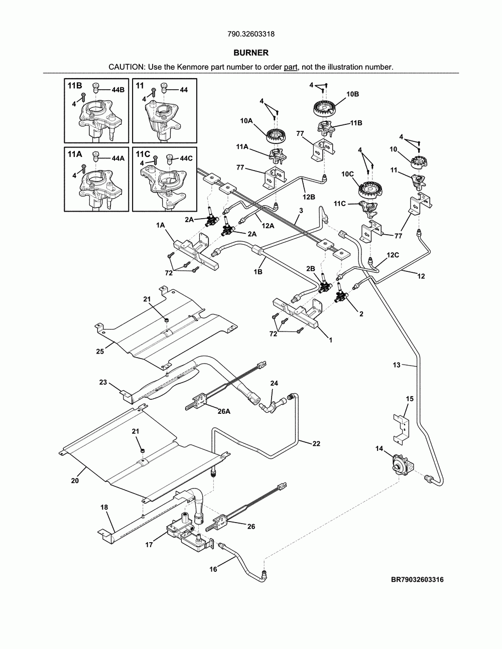 Burner Diagram and Parts List for 79032603318  Kenmore Range