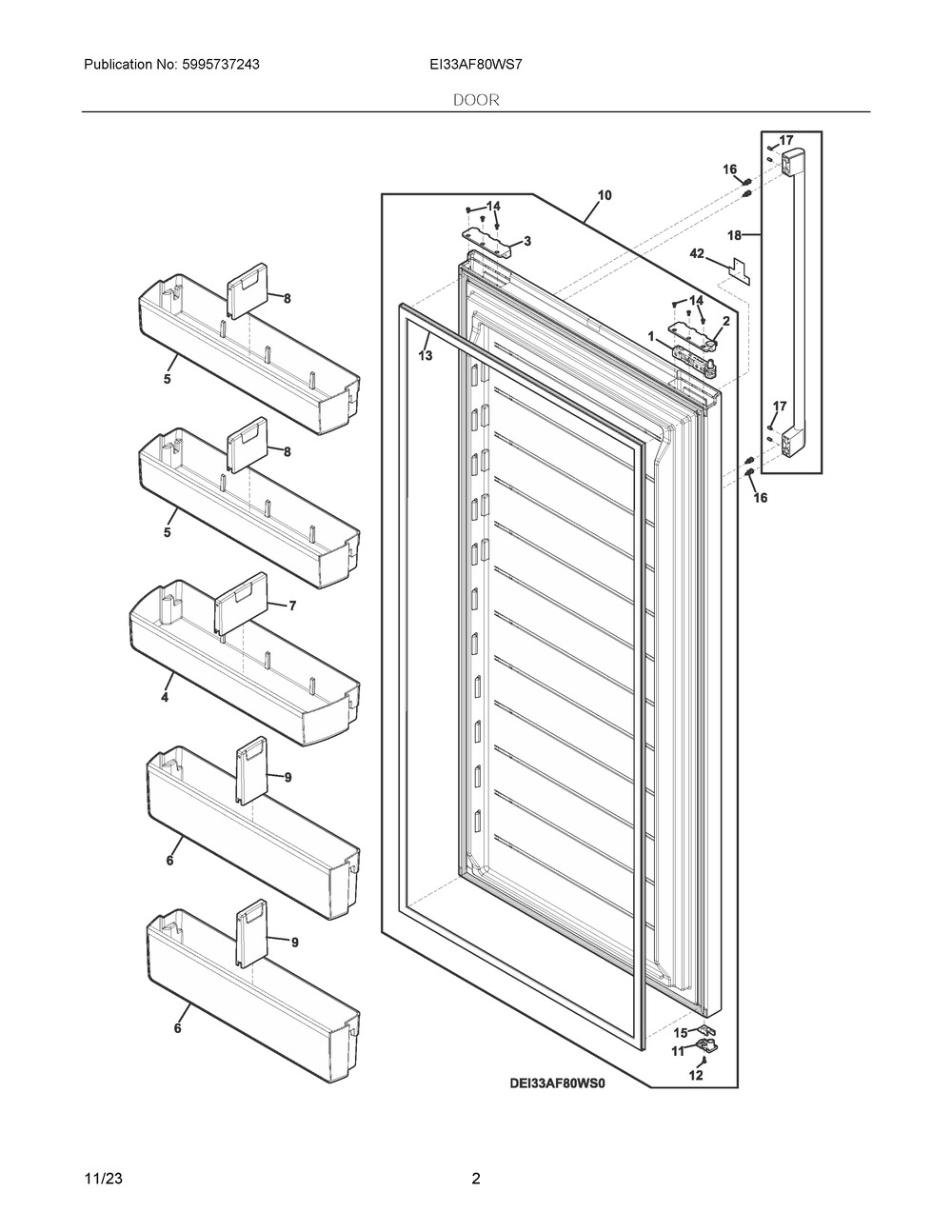 Door Diagram and Parts List for EI33AF80WS7  Frigidaire Freezer