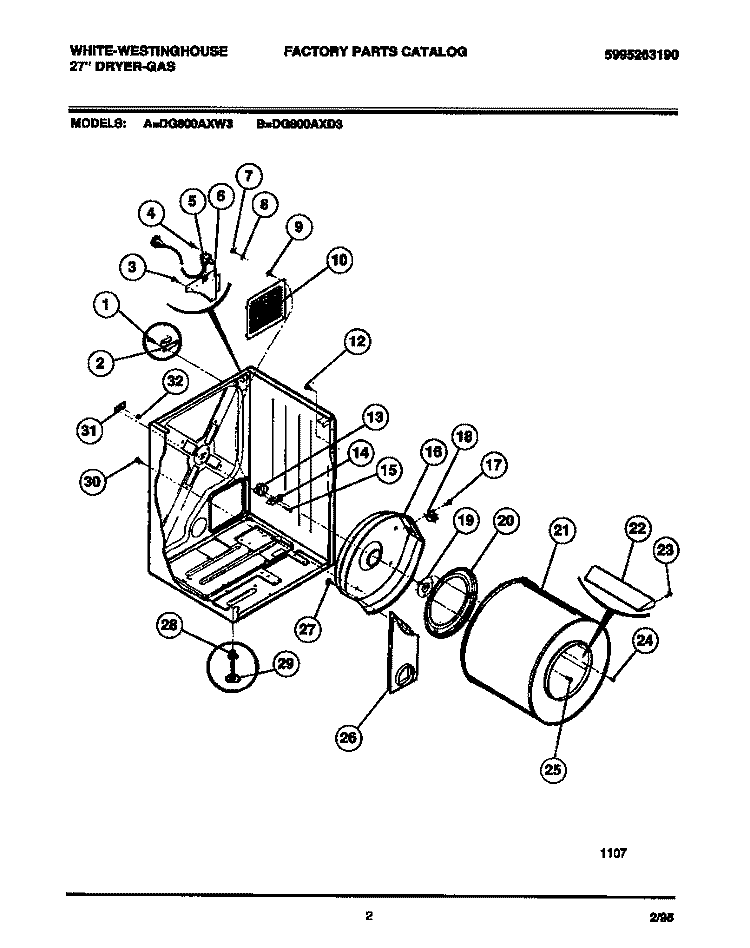 CABINET, DRUM, HEAT DUCT Diagram and Parts List for DG800AXD3  Frigidaire Dryer
