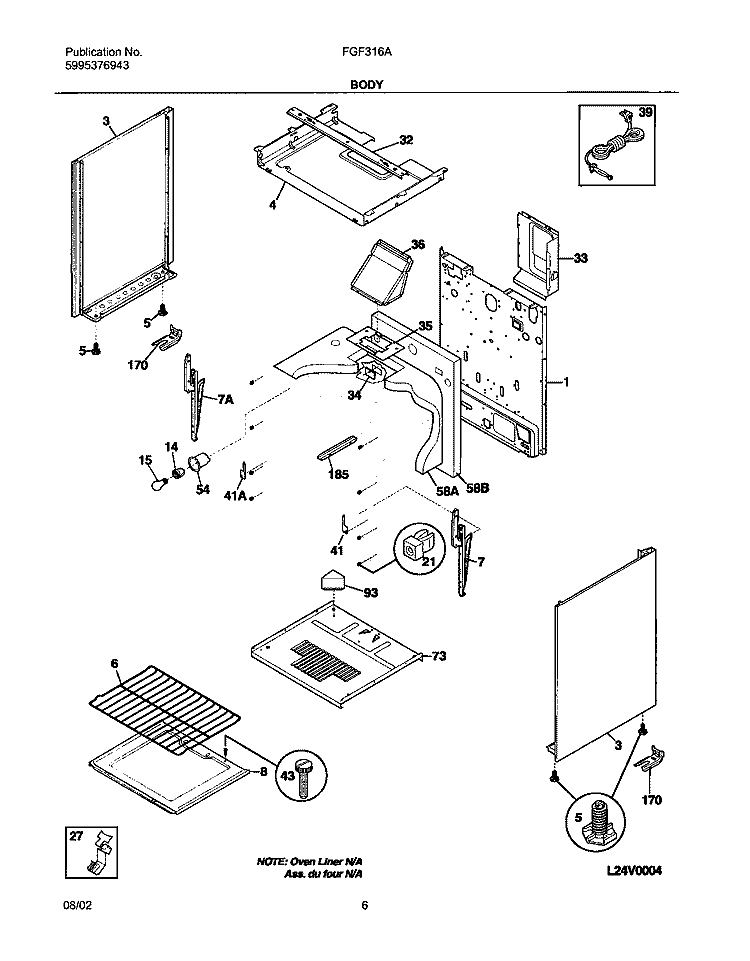 BODY Diagram and Parts List for FGF316AQB  Frigidaire Range