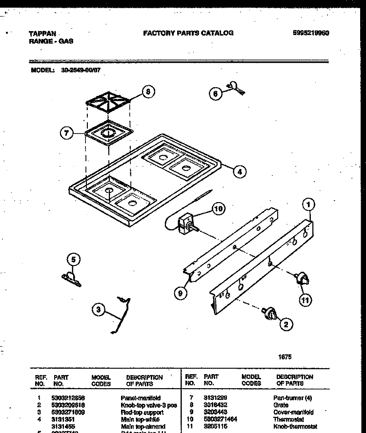 COOKTOP PARTS Diagram and Parts List for 30-2549-00-07  Tappan Range