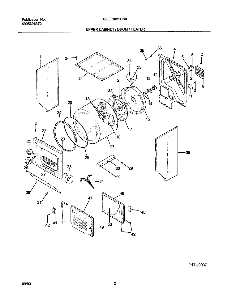 UPPER CABINET / DRUM / HEATER Diagram and Parts List for GLET1031CS0  Frigidaire Washer Dryer Combo