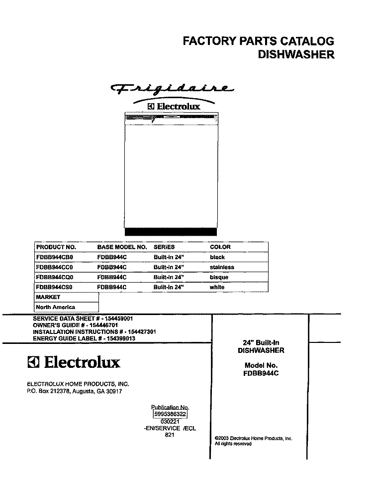 COVER Diagram and Parts List for FDBB944CS0  Frigidaire Dishwasher