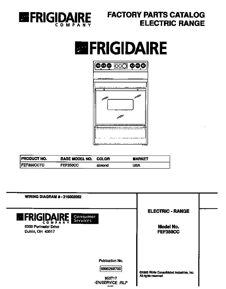 COVER Diagram and Parts List for FEF350CCTC  Frigidaire Range