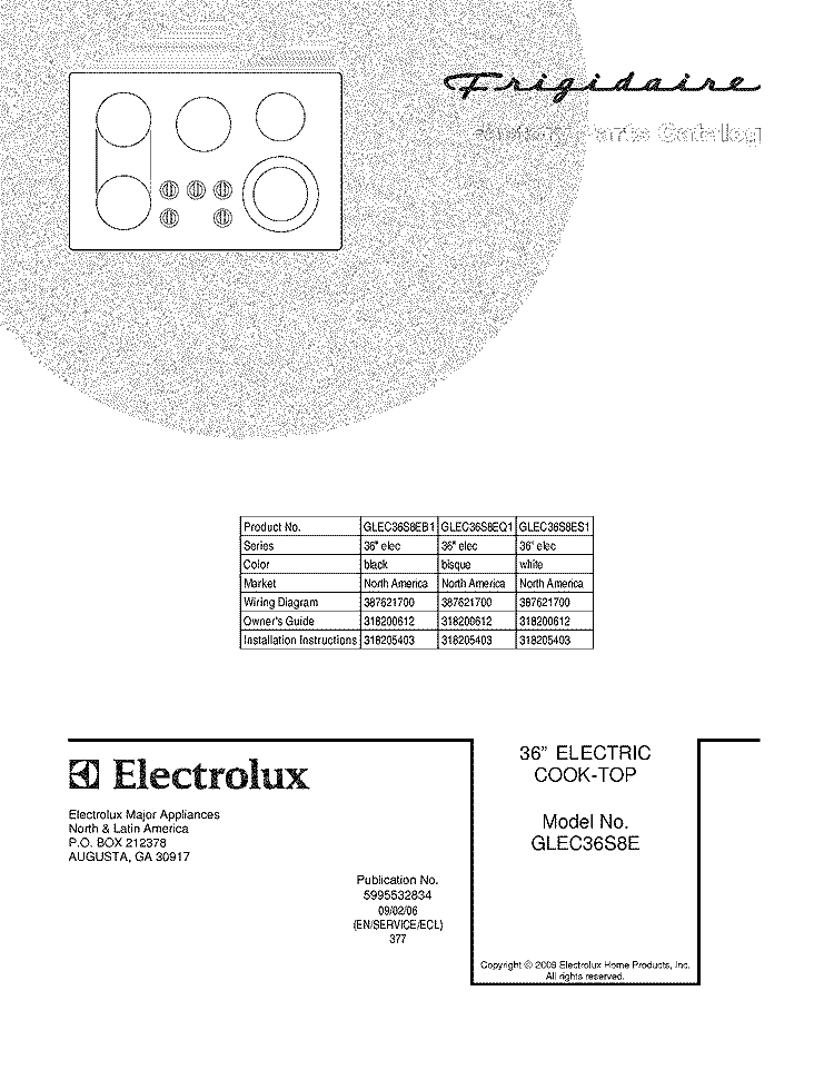 COVER Diagram and Parts List for GLEC36S8ES1  Frigidaire Cooktop