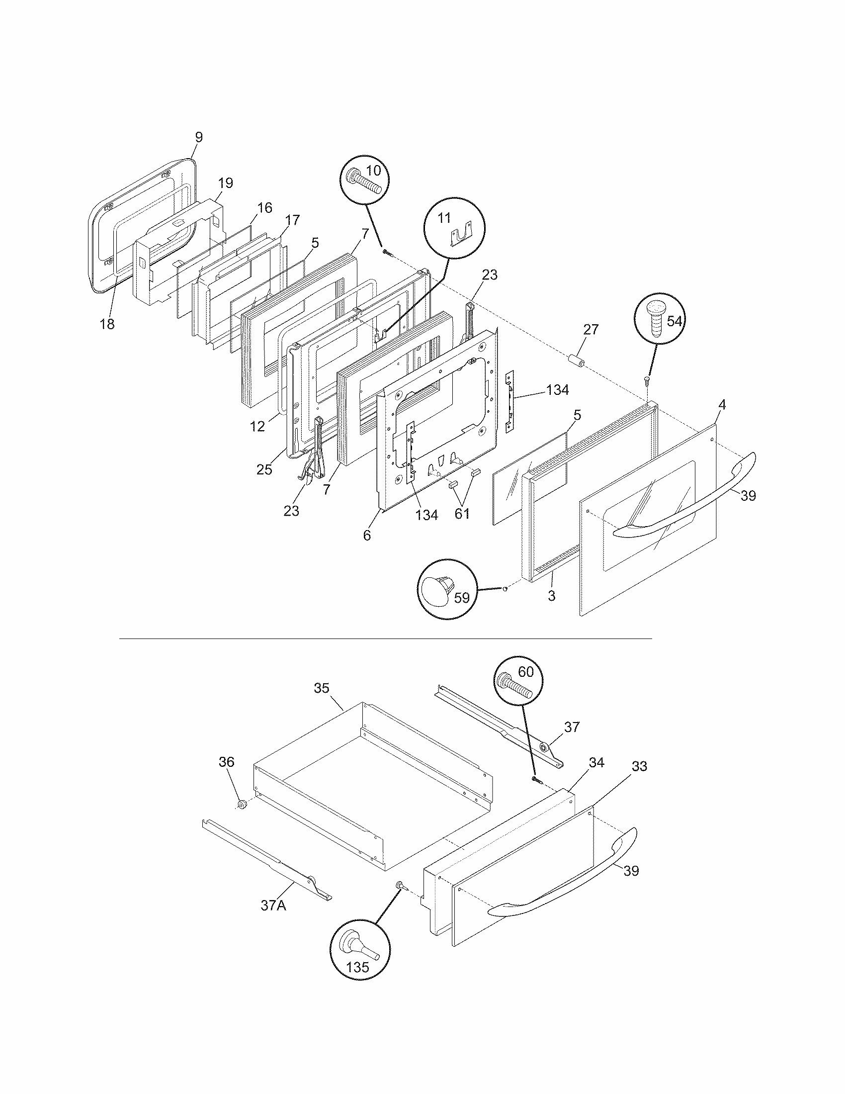Door/drawer Diagram and Parts List for 79030554800  Kenmore Wall Oven
