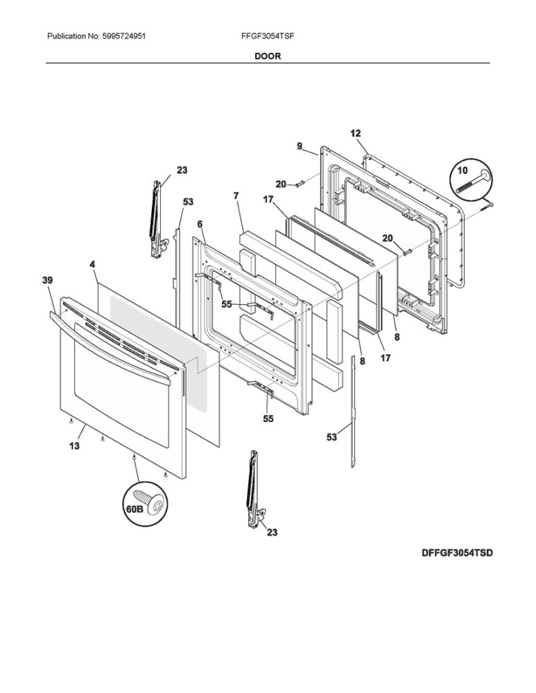 Door Diagram and Parts List for FFGF3054TSF  Frigidaire Range