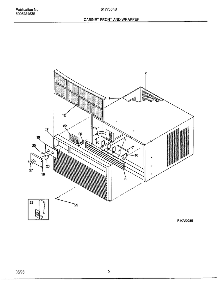 Cabinet Front And Wrapper Diagram and Parts List for 5177004B  Frigidaire Air Conditioner