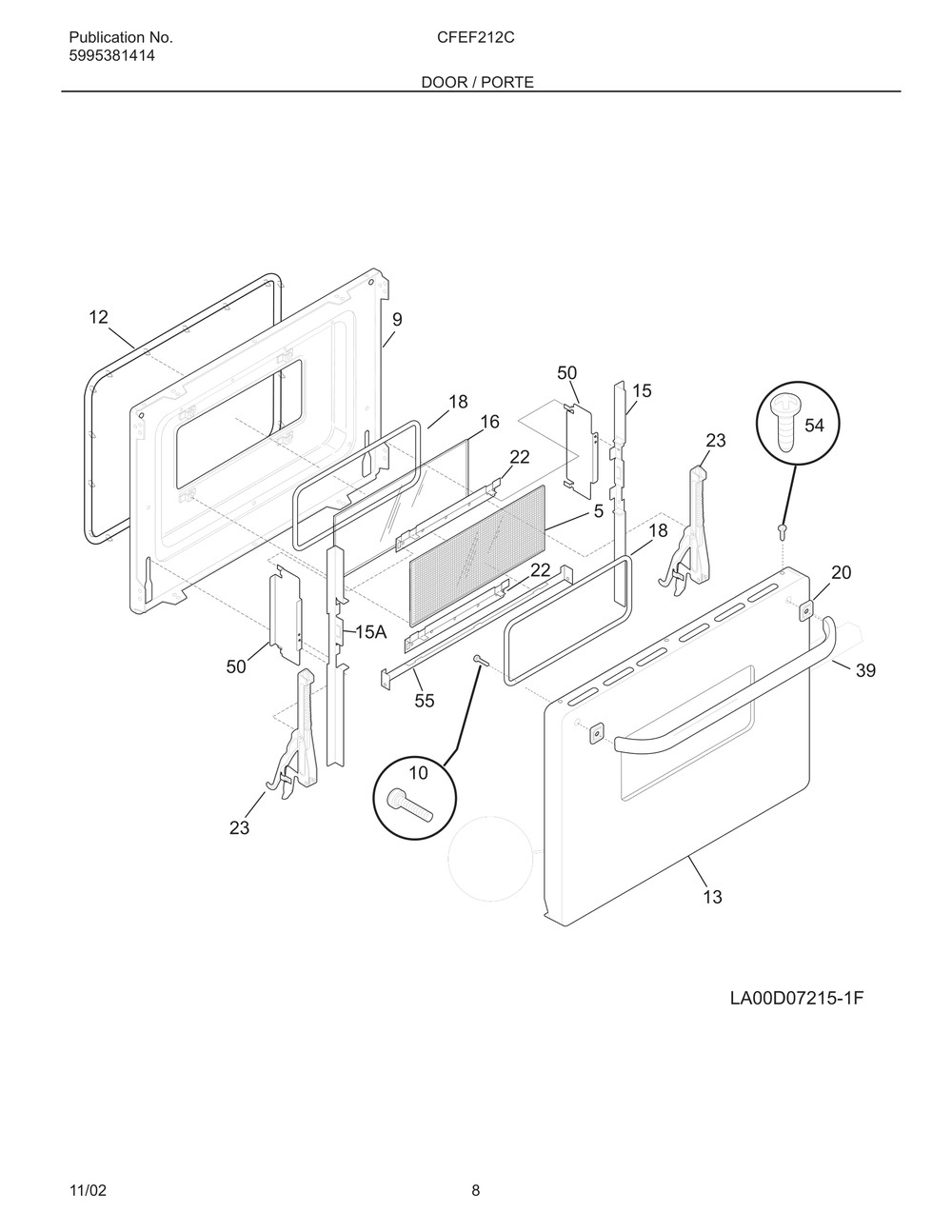 Door / Porte Diagram and Parts List for CFEF212CS1  Frigidaire Range