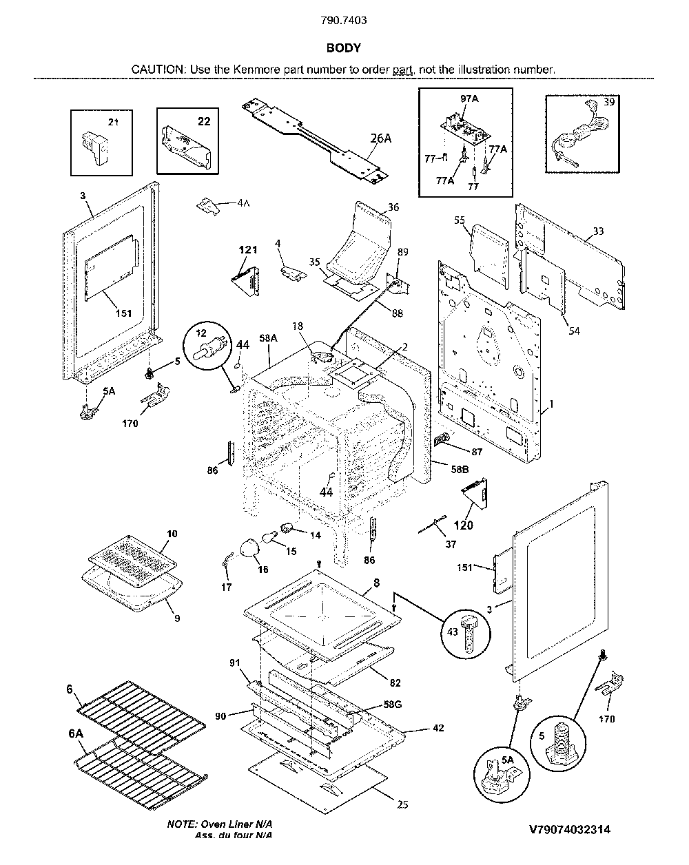 Body Diagram and Parts List for 79074032314  Kenmore Range