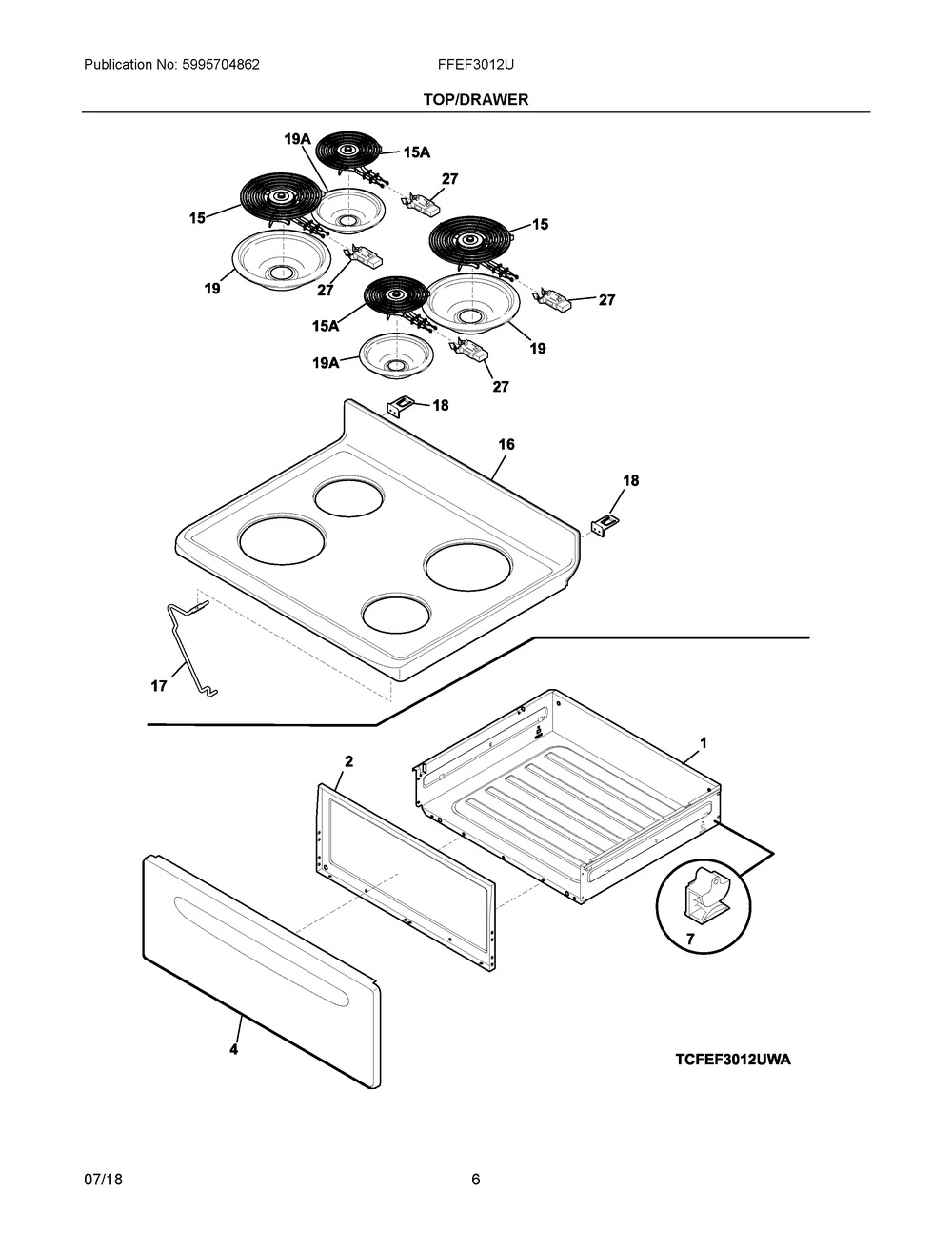 Top/drawer Diagram and Parts List for FFEF3012UBA  Frigidaire Range