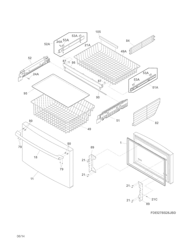 Freezer Drawer, Baskets Diagram and Parts List for EI27BS26JWD  Electrolux Refrigerator