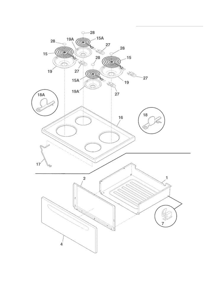Top/drawer Diagram and Parts List for FFEF3003NWA  Frigidaire Range