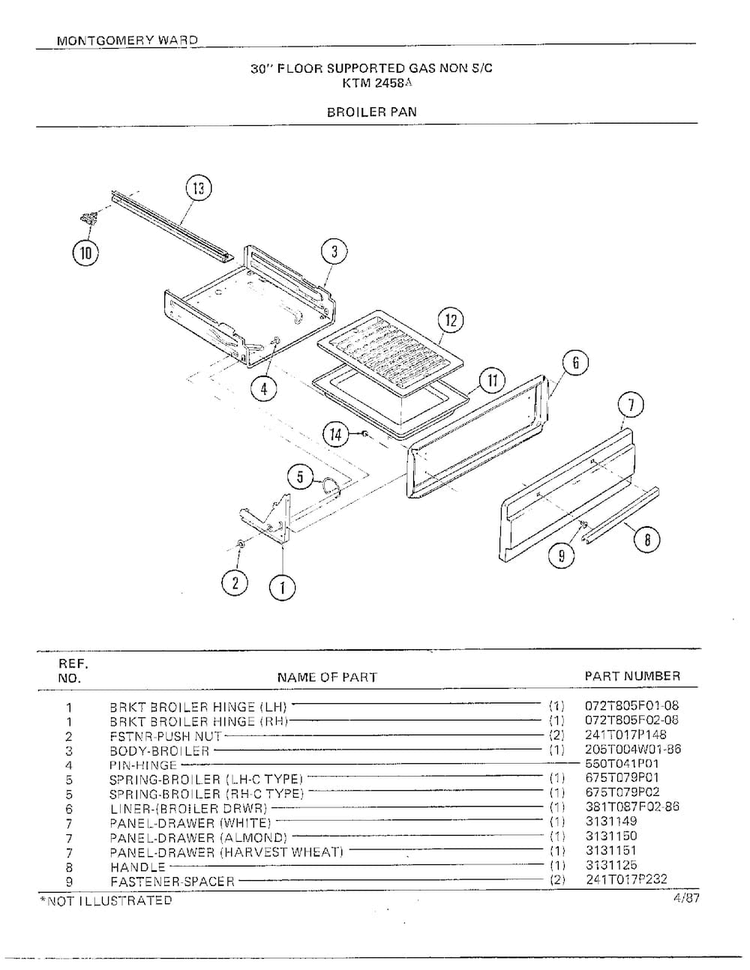 30" Floor/broiler Pan Diagram and Parts List for 2458A  Frigidaire Range